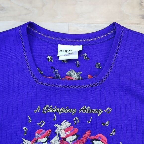 🔹️Vintage BonWorth Purple Embroidered Red Hat Society Birds Top Petite XSmall - Picture 3 of 11